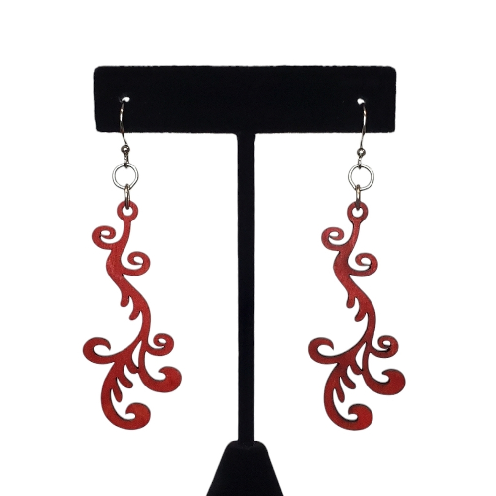 Estate Unsigned Red Falling Vine Lightweight Laser Cut Wooden Earrings